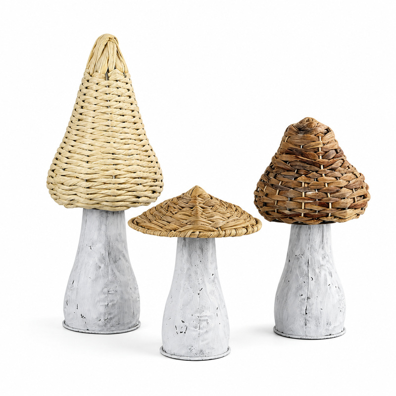 Home Decor Rattan - Rustic Rattan Mushroom Garden Decor Artificial